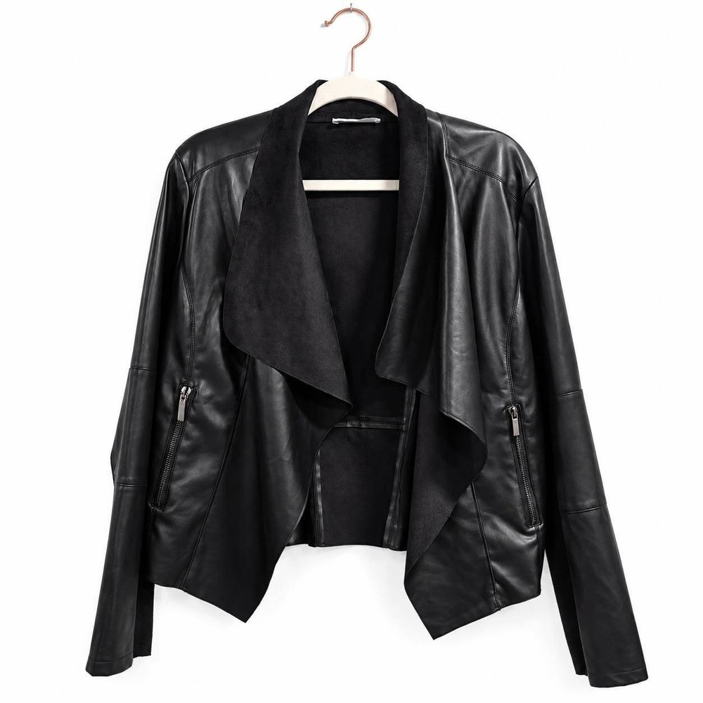 Bagatelle Collection Jacket Women Large Black Faux Leather Drape Open Front